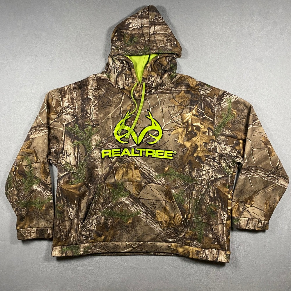 Realtree Hoodie Mens 2XL Brown Camo Neon Green Logo Fleece Pullover Sweatshirt